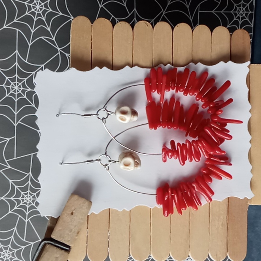 Red Coral Skull Earrings